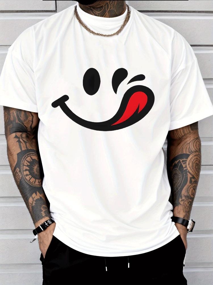 Unisex White Summer Tee Wink Smile Red Tongue Print Loose Oversized Streetwear Daily Casual Crew Neck Unisexs Short Sleeve Basic Top