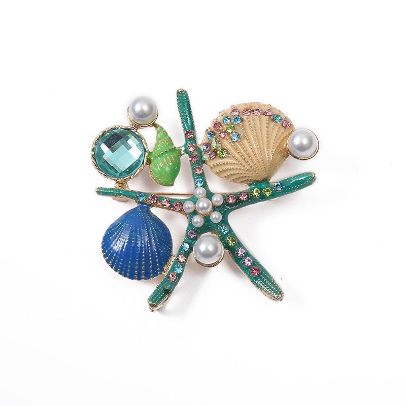 Korean Marine Life Brooch: Starfish & Shell Pin with Metal, Diamond, & Pearl Accents
