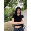 Front shoulder round neck open navel short-sleeved T-shirt for women, summer new sweet and spicy tops are trendy