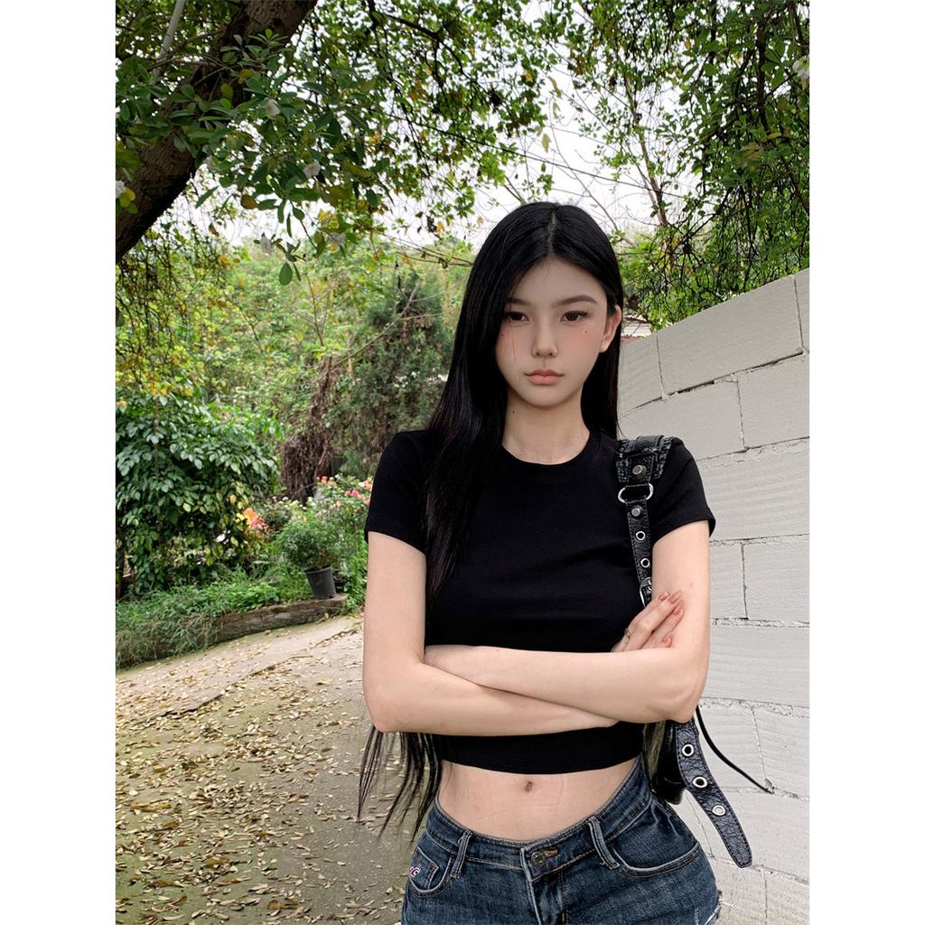 Front shoulder round neck open navel short-sleeved T-shirt for women, summer new sweet and spicy tops are trendy