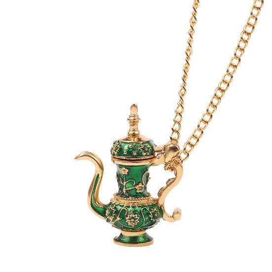 Vintage Enamel Green Teapot Pendant Long Chain Women Sweater Necklace Jewelry