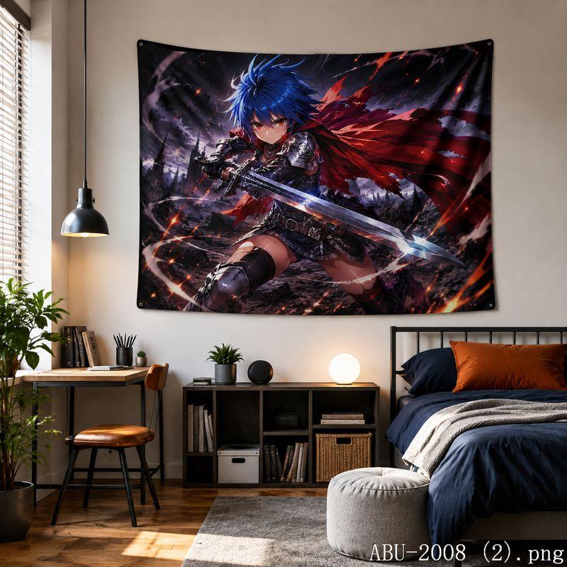Red Fire Battle Anime Aesthetic Tapestry Cool Fantasy Warrior Cartoon Wall Hanging Teen Dorm Bedroom Otaku Home Wall Decor