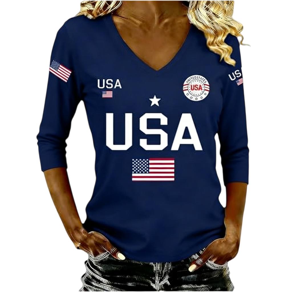 Women V Neck 3 4 Sleeve USA Letter Print Top Casual Loose Fit American Flag Graphic Pullover Shirt for Women