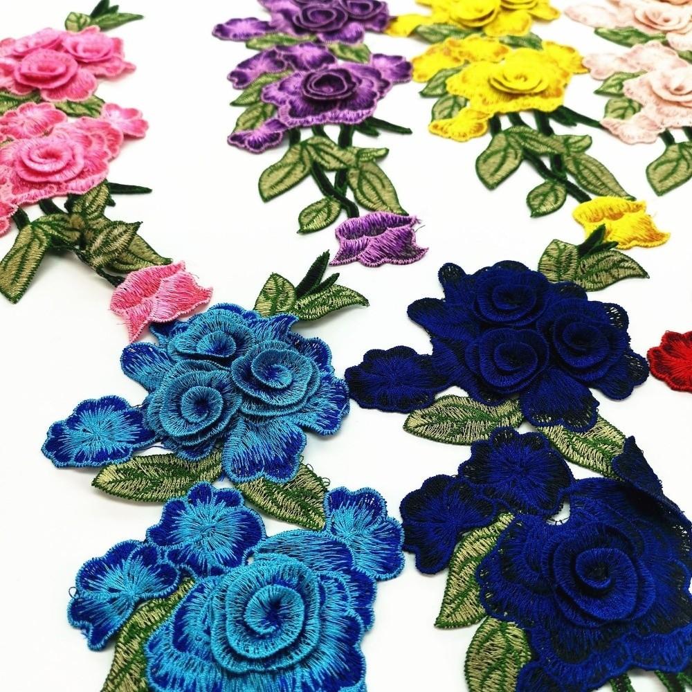 3D Embroidered Sewing On Patches Rose Flower Multicolor Neckline Collar Applique Ethnic Style Craft Flower Patch Sticker