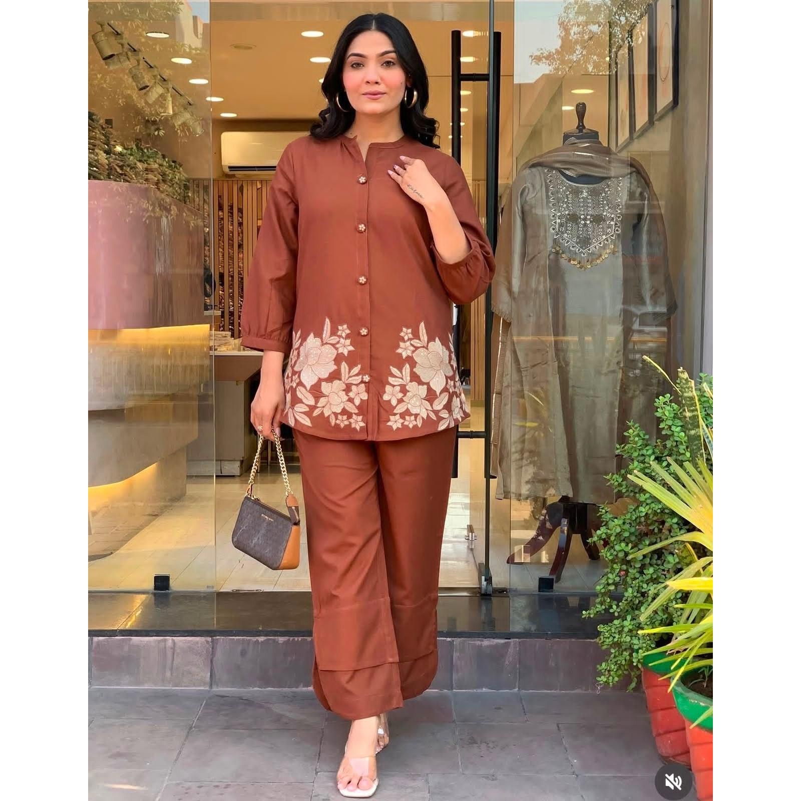 Beautiful Floral Embroidery Shirt with Pant Set Indian Party Wear Top Cord Set