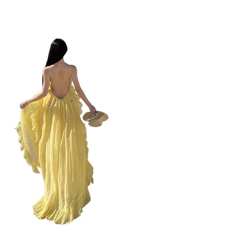 Seaside Vacation Dress Women's Summer New Celebrity Temperament Neck Halter Yellow Long Skirt