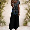 Women Plus Size V Neck Short Sleeve Black Printed Straight Maxi Dress
