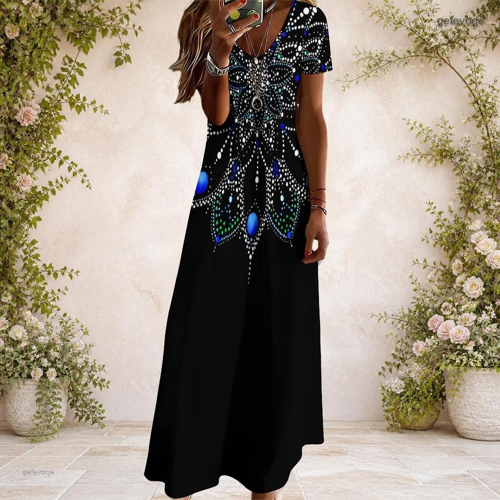 Women Plus Size V Neck Short Sleeve Black Printed Straight Maxi Dress