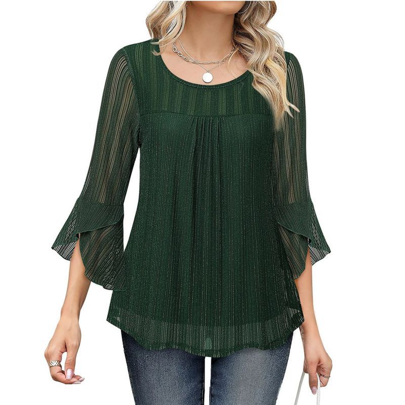 Women's Round Neck Ruffled Sleeve Mesh Top