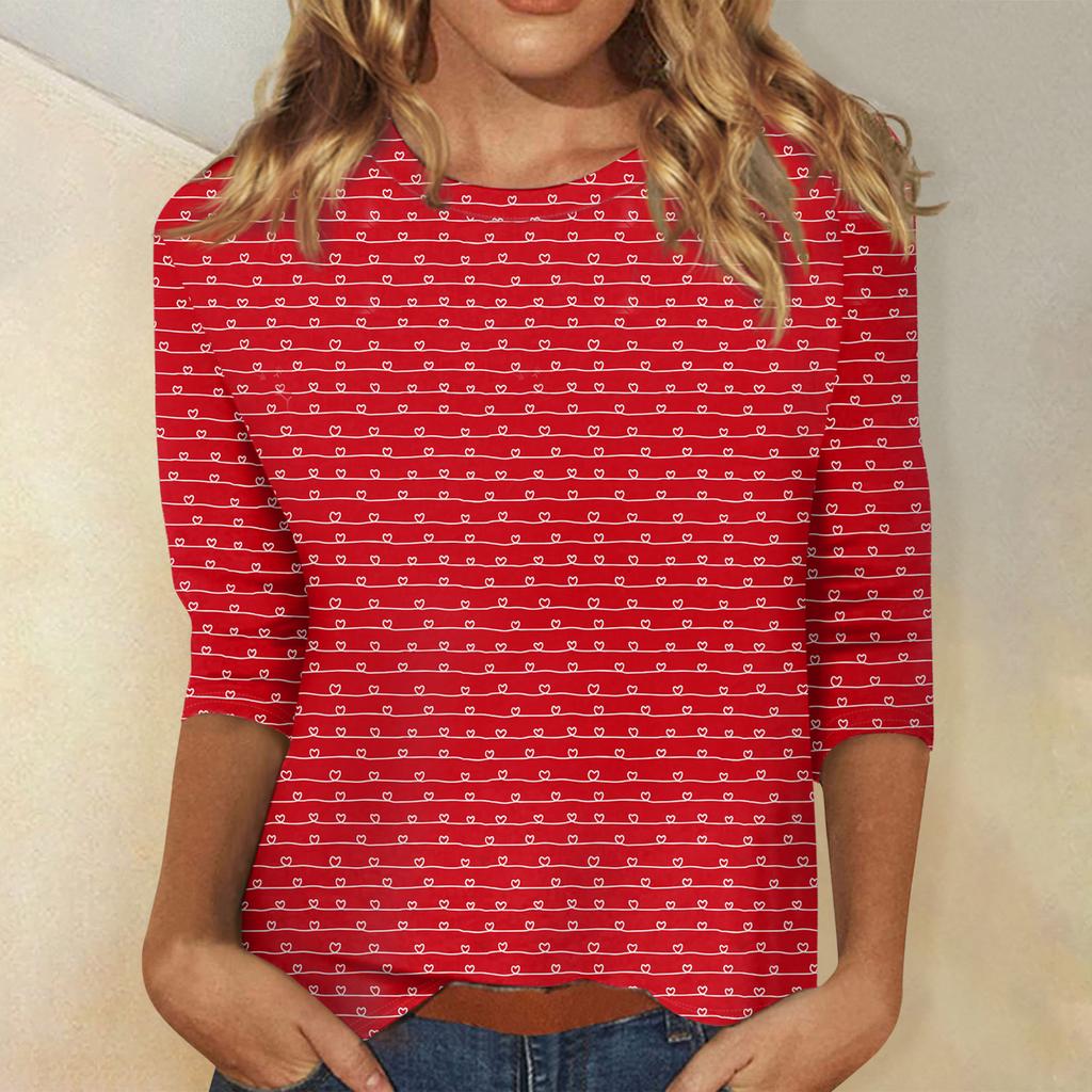 Women's Tops Three-quarter Sleeve Valentine's Day Shirt Round Neck Loose Casual Shirt