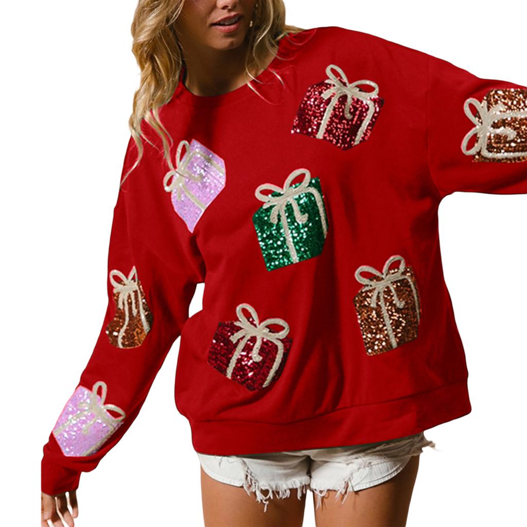 Women's Christmas Sweatshirt Loose Sequin Present Box Crew Neck Long Sleeve Pullover Tops Casual Streetwear