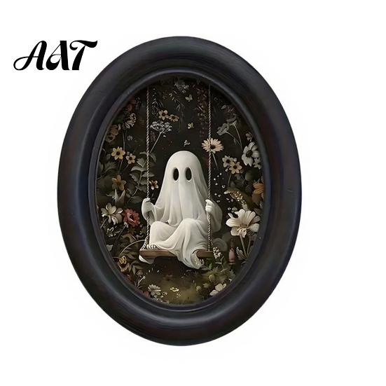 Lightweight Ghost Wall Hanging Halloween Art, Cute Table Sign, Vintage Oval Framed Art Picture, Decorative for Mantel Living Room Bedroom Decor