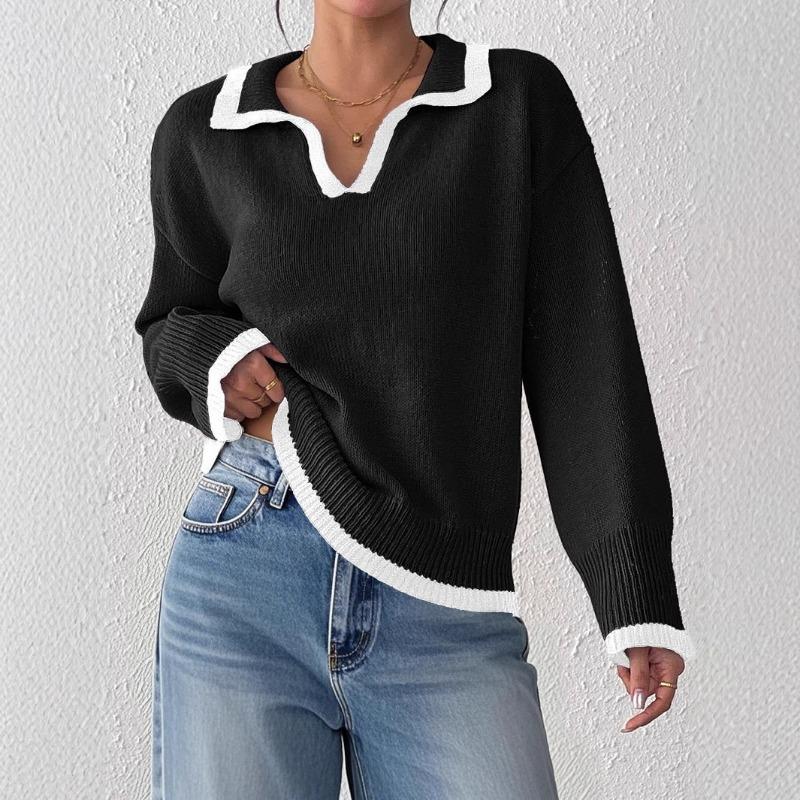 Damenoberteile Damen Casual Polo Revers Kontrastierende Spleißung Sockel Casual Locker Elegant Pullover