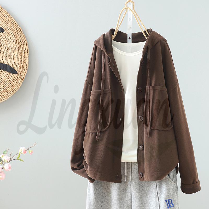 

Women s Hooded Cotton Knit Cardigan - Spring/Autumn, 5 Colors, Big Pocket, Drawstring, Loose Fit X-Large кофейный