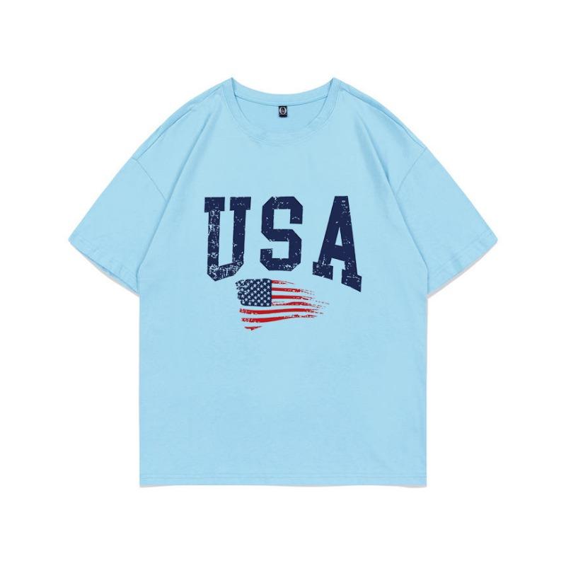 Summer Pure Cotton Short Sleeved Flag Letter Combination Printed Shoulder Down Women's T-shirt Fashionable Casual Women's Top T-Shirts Women’s