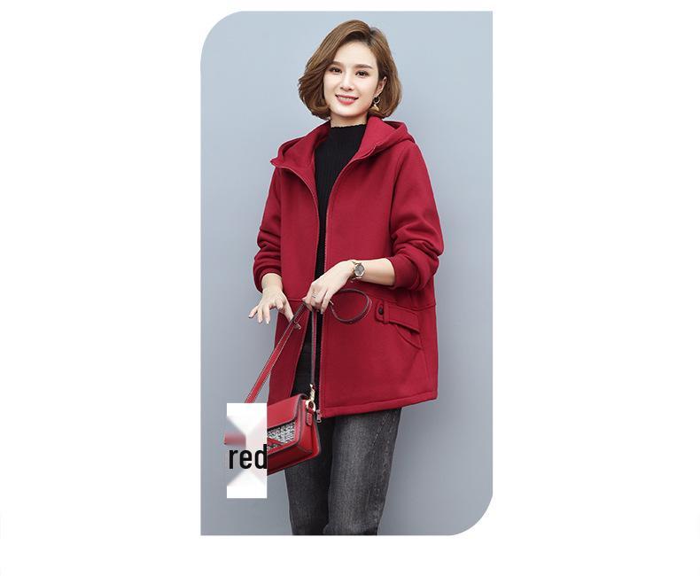 Women's Fleece-Lined Hooded Cardigan - Autumn/Winter 2024 Casual Loose Fit for Middle-Aged Moms