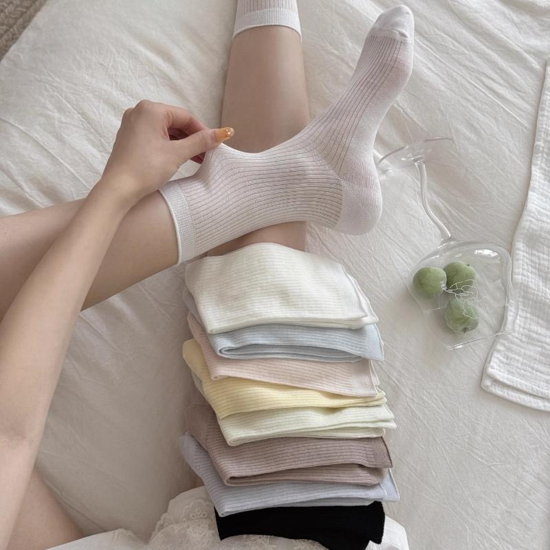 Summer Socks Women 76% Lyocell Silk Thin Breathable Solid Color Long Socks Korean Style Casual Streetwear Middle Tube Socks Sox