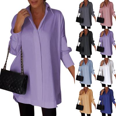 Women's Fashionable Solid Color Long Sleeved Casual Velvet Collar Side Slit Shirt Top