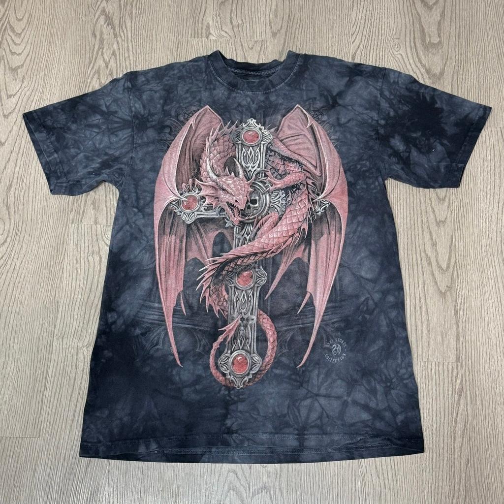 The Mountain Dragon Gothic Cross Fantasy Tee Medium Tie Dye Short Sleeve Y2K