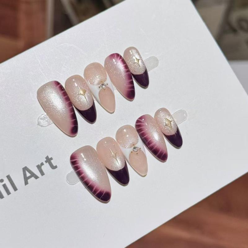 10Pcs Purple French Press on Nails - Star Cat Eye & Rhinestone Almond Fake Nails XS