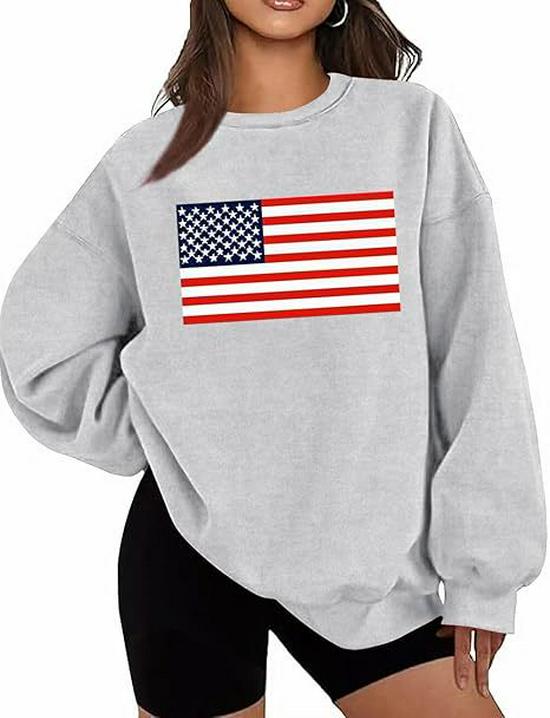 Women's Gothic Harajuku Plus Size Round Neck Hoodie with American Flag Print