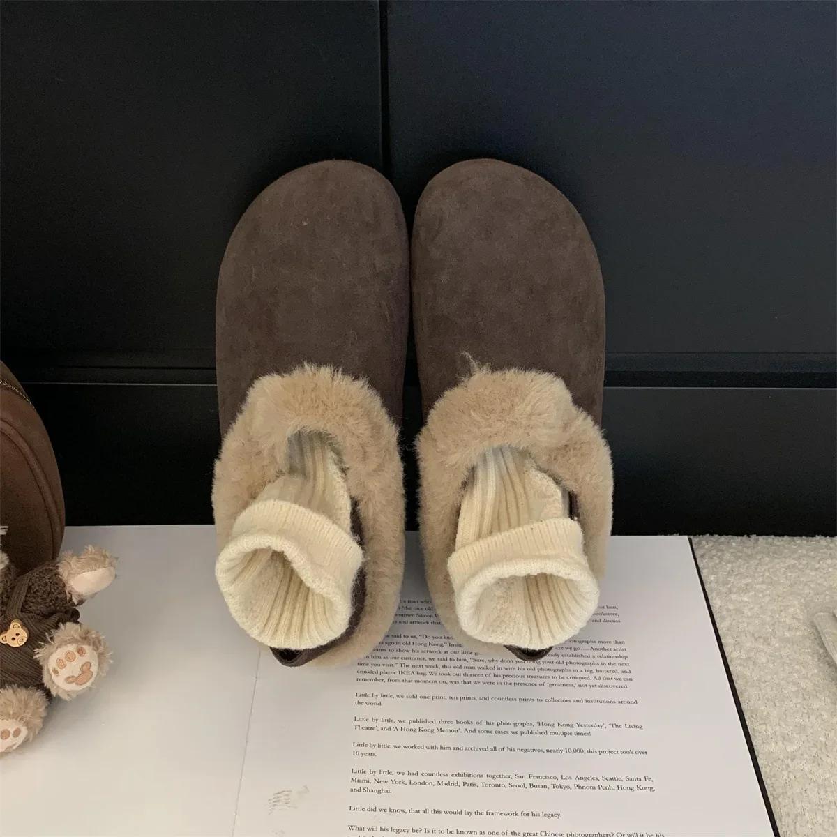 Fashion 2025 New Fashion Winter Warm Closed-toe Fluffy Slippers Cosy Non-slip Slides for Women Indoor Ladies Mule Flat Cotton Shoes 35 коричневый 4615₽