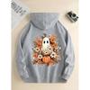 Ladies Spring Autumn Casual Hooded Long Sleeve Big Pocket Halloween Ghost Pumpkin Flower Printed Pullover Hoodies Sweatshirt Top