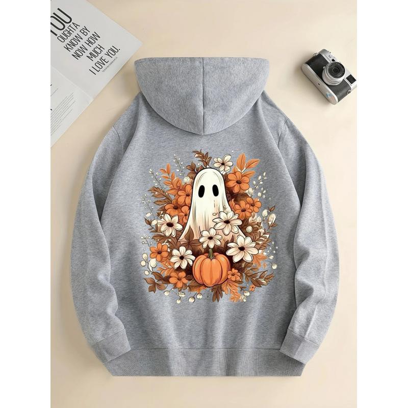 Ladies Spring Autumn Casual Hooded Long Sleeve Big Pocket Halloween Ghost Pumpkin Flower Printed Pullover Hoodies Sweatshirt Top
