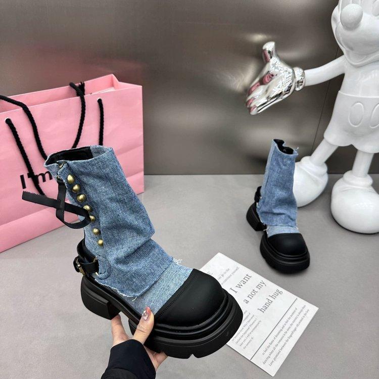 Western denim cloth pants tube boots knight martin boots women's autumn and winter short boots children thick heel