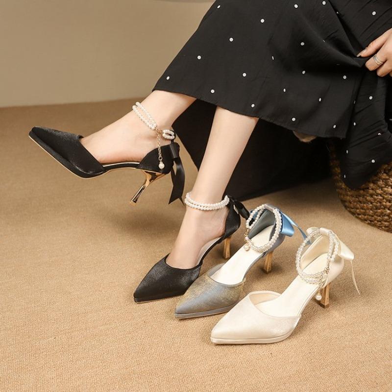 Fashion Women's Sandals Summer New Pointy Matte Ribbon Beaded Heels Fashion Temperament Skinny Heels Wedding Party Single Shoes