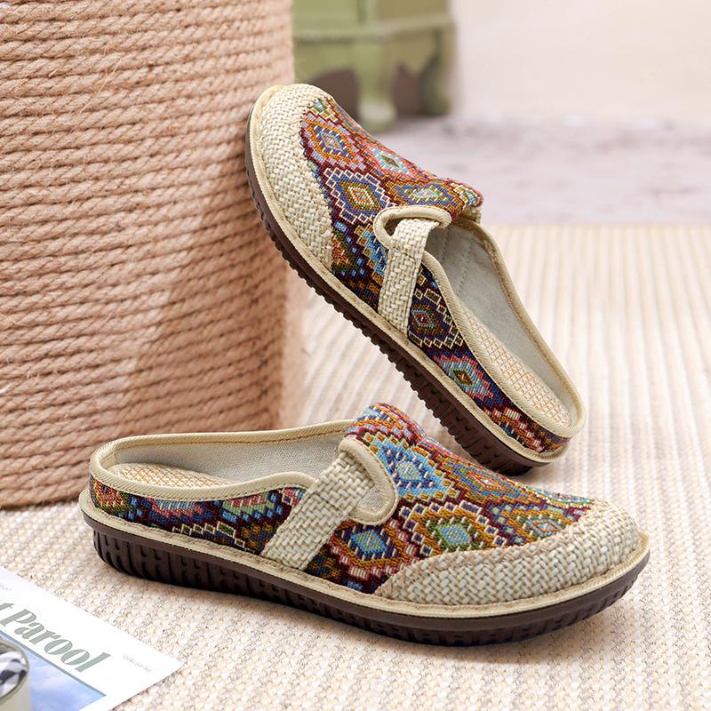 Women's Ethnic Flat Slippers - Summer Cotton Linen Embroidered Soft Sole Shoes