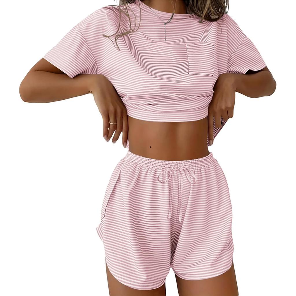 Women's Pajama Set Short Sleeve Striped Printed Two-piece Loungewear  Neck Pajamas Split Shorts Set Soft Sleepwear