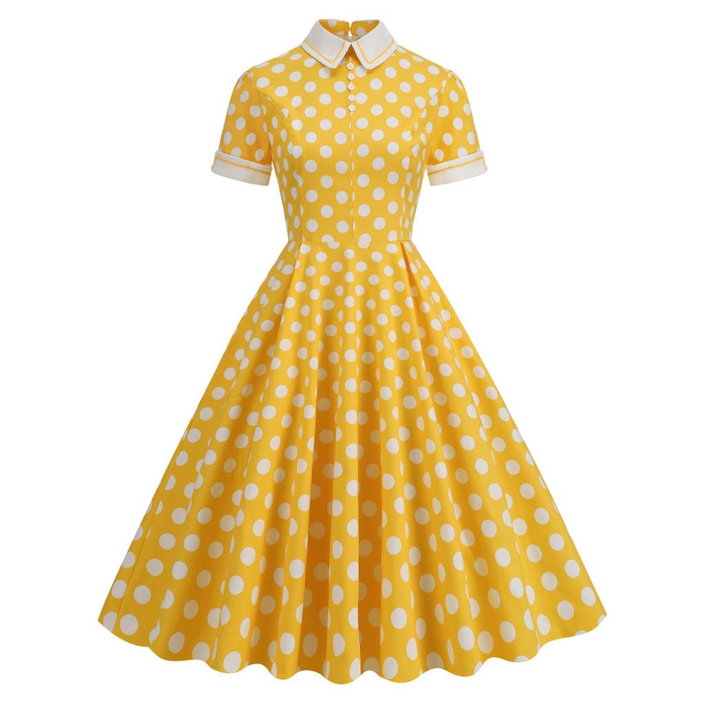 Vintage Polka Dot Dress With Cotton Fabric For Elegant Spring Casual Occasions