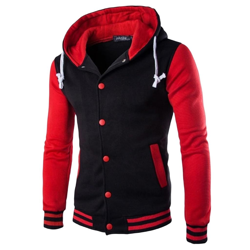 Men's Slim Fit Baseball Jacket Casual Sports Hooded Fleece Lined Button Pullover Sweatshirt With Pocket