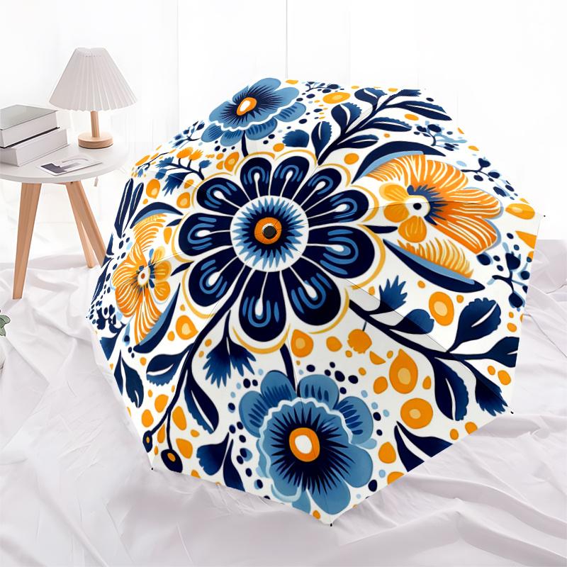 

1pc Blue Flower Design Pattern Automatic Cartoon Practical Umbrella, Suitable for Travel and Daily Use A014
