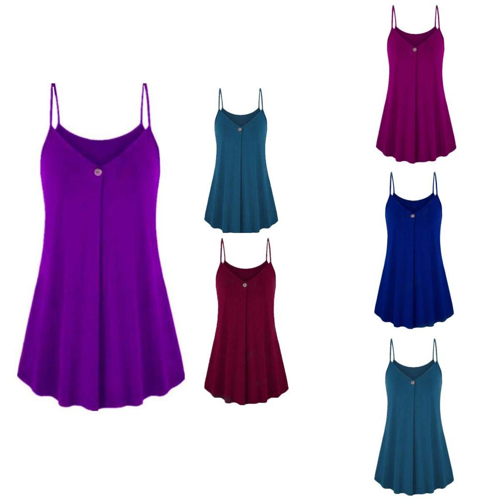 Elegant Women's Fashion Summer Plus V-neck Sleeveless Button Loose Hem T Shirt