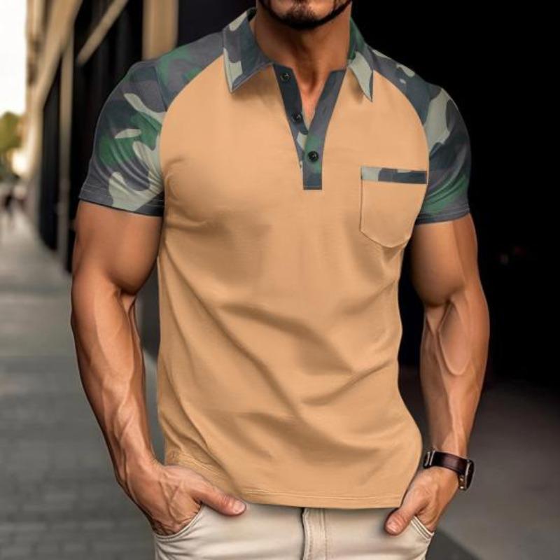 Męskie letnie topy z klapą, z krótkim rękawem, patchworkowe w kolorze kamuflażu, koszulka T-shirt z przednią kieszenią, koszulka outdoorowa