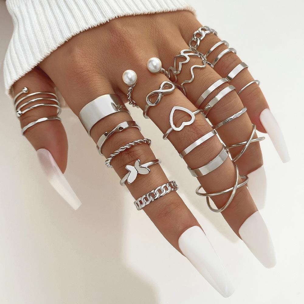 Open Multi-joint Ring Set for Women, Featuring a Unique Hollow Heart and Butterfly design22Set