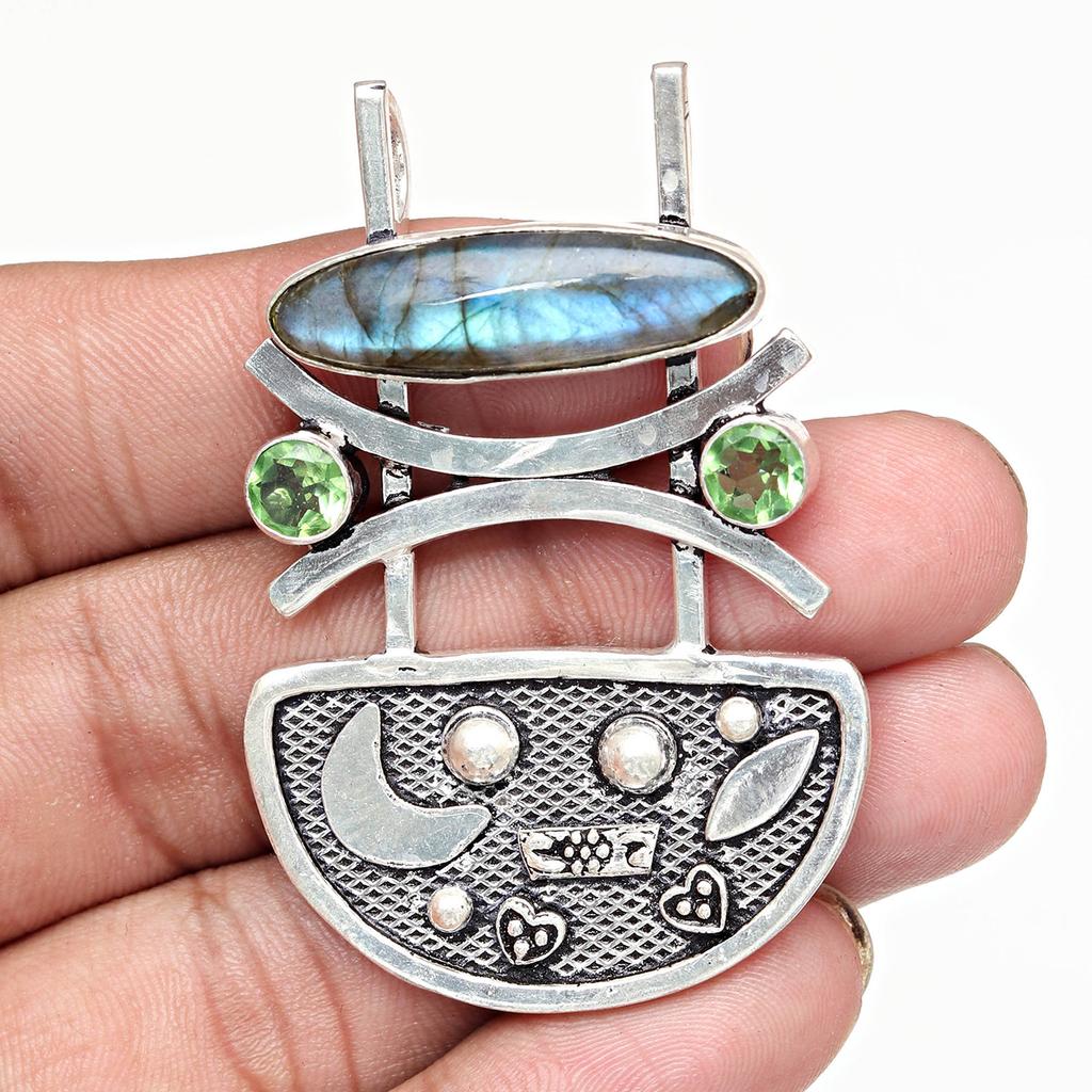 Pendant Silver  Peridot Labradorite Gemstone Jewelry Sterling 2.5" Fiery