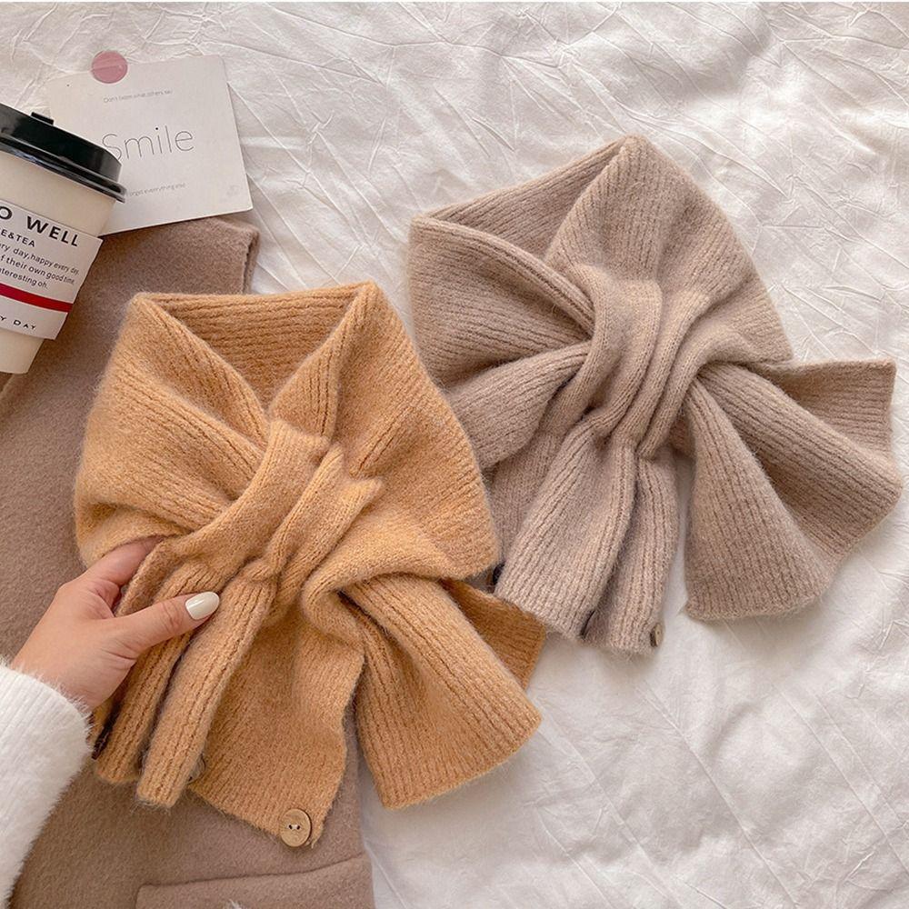 Solid Color Cross Scarf Knitted Neckerchief Wrap Winter Warm Fake Collar Women
