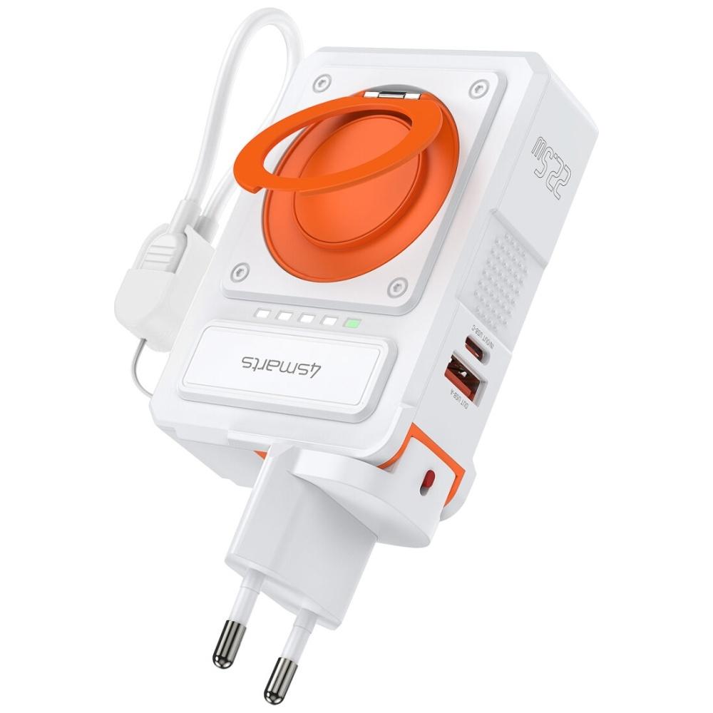 4smarts 6-in-1 USB-C/USB-A PD 22.5W Hybrid Charger with 10,000 mAh Powerbank, Qi Inductive Charging, USB-C Cable, White