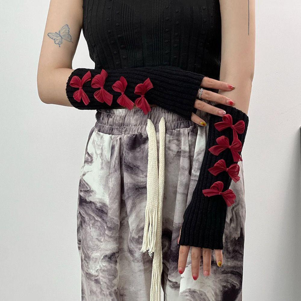 Solid Color Bow Knitted Gloves Y2k Wool Sleeve Cuff Elastic Fingerless Gloves  Ladies