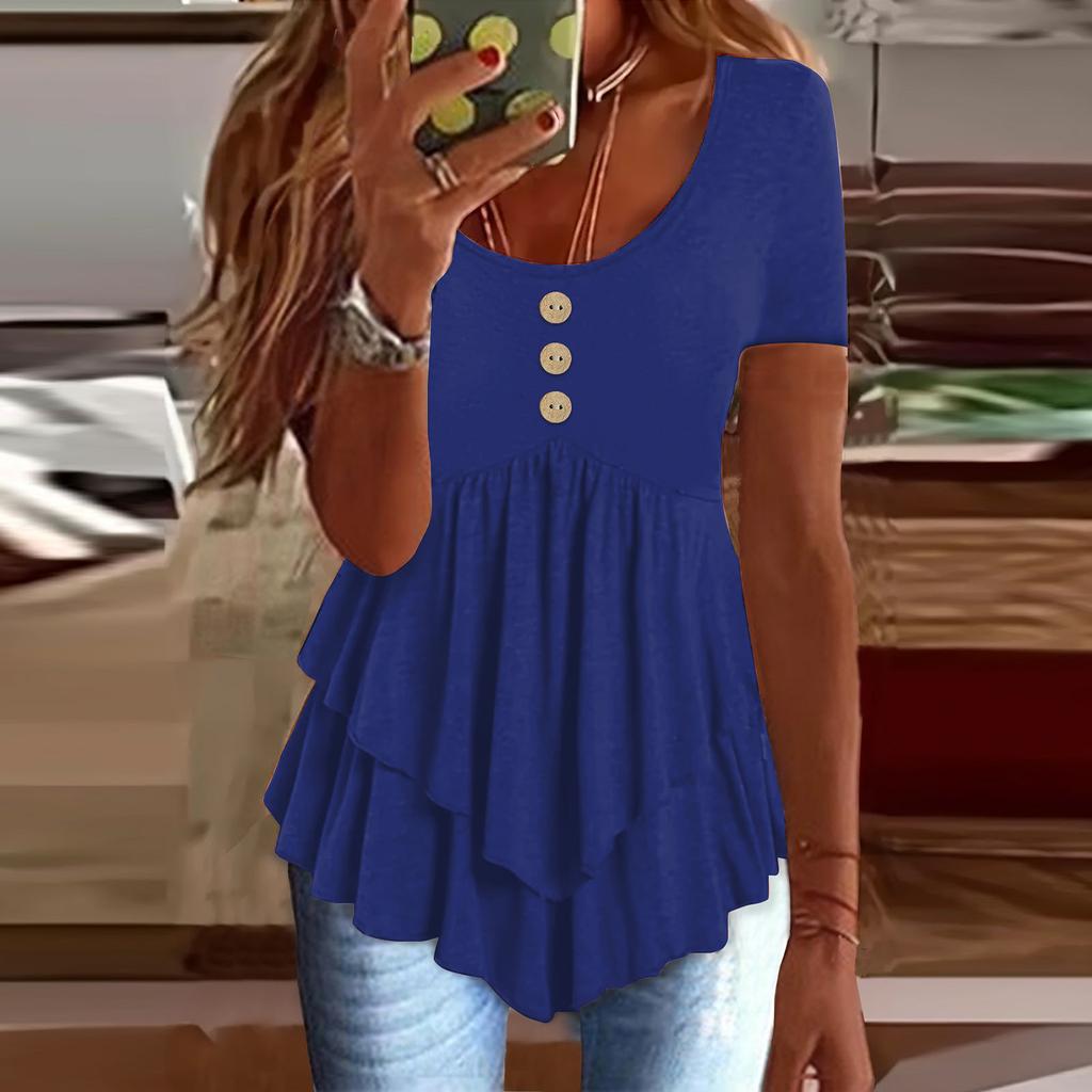 Women's Fashion Loose Three Button Casual Solid Colour Short Sleeve T-Shirt Top