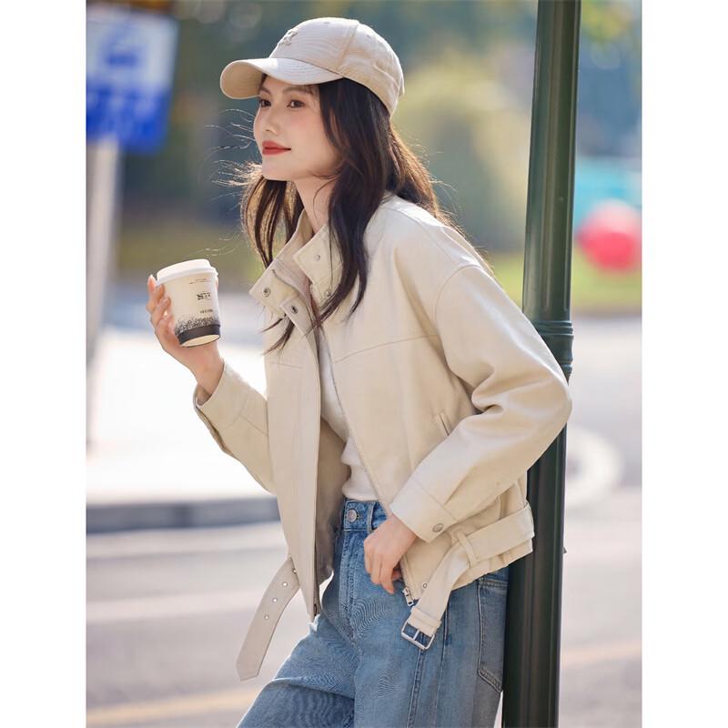 Women s Stand Collar Faux Leather Motorcycle Jacket L