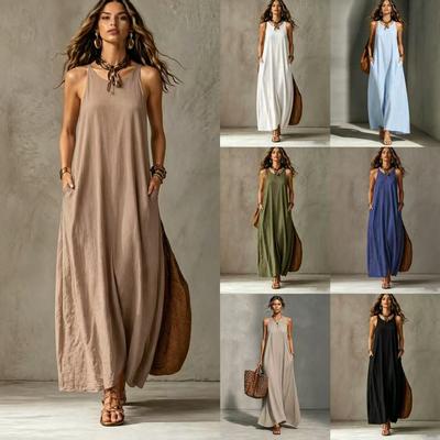 Women's Sleeveless Halter Neck Maxi Dress Loose Fit Solid Casual Long Dress