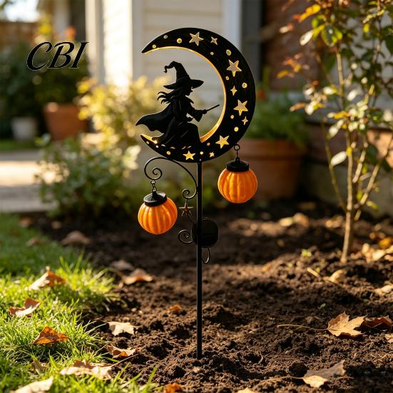 Halloween Porch Lighting Decor Solar Witch Pumpkin Moon Garden Stake Light, Waterproof On Crescent Black Cat Lanterns with Lantern, Outdoor