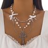 Sweet and cool ins style bow item jewelry, punk metal cross imitation pearl fringed necklace.