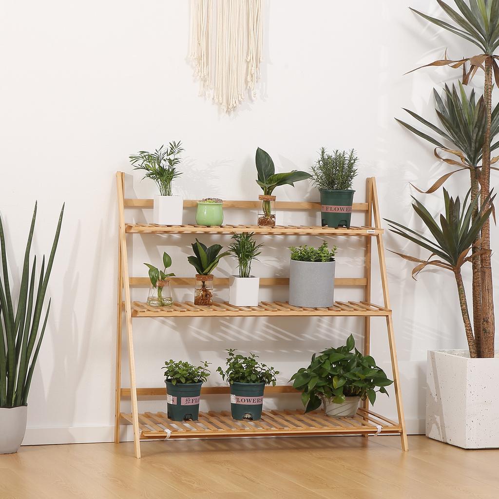 3-Tier Bamboo Outdoor Planter, Raised and Foldable Design, 100x39x97 Cm, Wood Tone