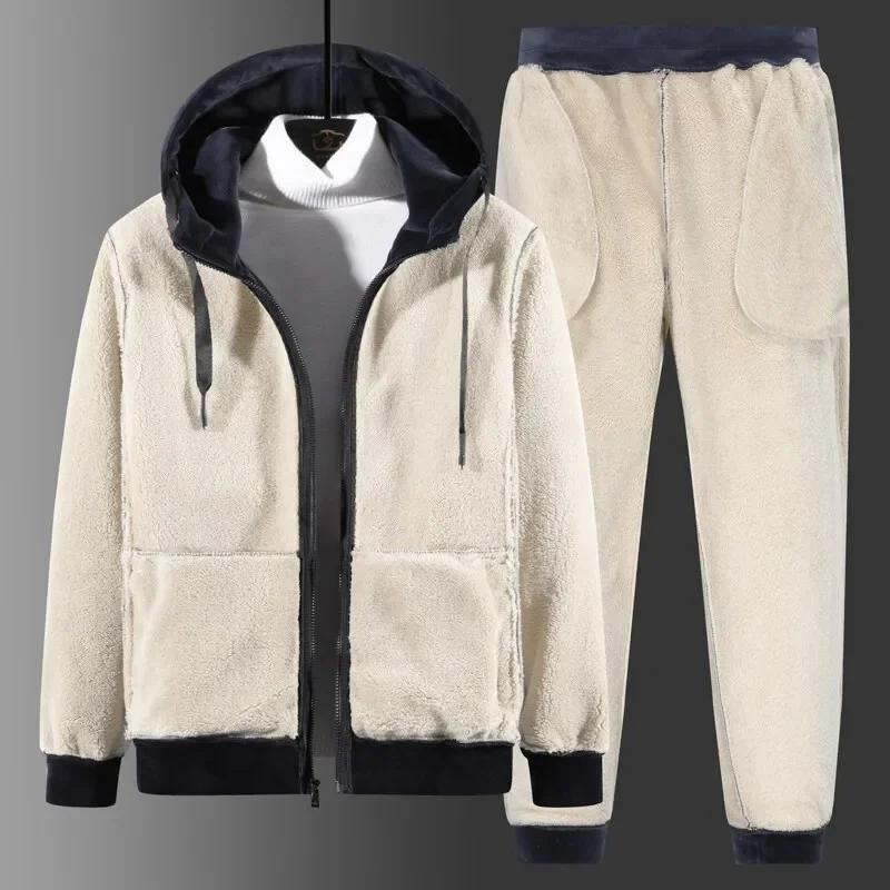 Cashmere Tracksuit Men's Sets Fleece Thick Hooded Brand Casual Track Suits Men's Sets Jacket + Pant Warm Fur Winter Sweatshirt