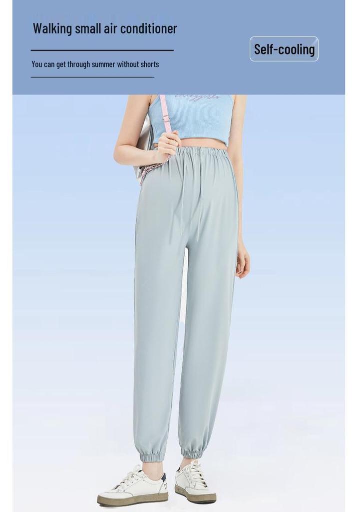 Summer Maternity Ice Silk Joggers - Quick-Dry, Lightweight, Cropped Sports Pants with Drawstring.